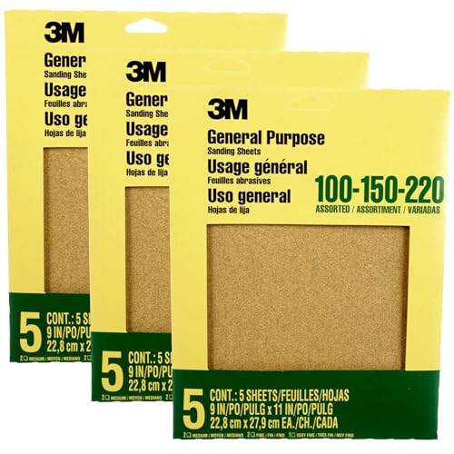 3M Aluminum Oxide Sandpaper, 5 Sheets, Assorted Grit 100-150-220, 9-in x 11-in, Multi-Purpose Abrasive Sanding Paper, for General Purpose Sanding On Paint, Wood and Metal (9005NA), 3-Pack - size: 3-Pack (15 Sheets)