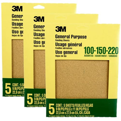 3M Aluminum Oxide Sandpaper, 5 Sheets, Assorted Grit 100-150-220, 9-in x 11-in, Multi-Purpose Abrasive Sanding Paper, for General Purpose Sanding On Paint, Wood and Metal (9005NA), 3-Pack - size: 3-Pack (15 Sheets)