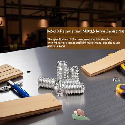 10PCS Threaded Inserts, M6x1.0 Female and M10x1.5 Male Threaded Wood Inserts Stainless Steel Self Tapping Thread Insert Reducing Nut Conversion Kit