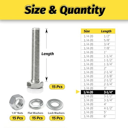 15 Sets 1/4-20x3-1/4 Bolt and Nut Set, Flat & Lock Washers Included,60PCS - size: 1/4-20x3-1/4" 15sets