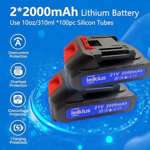 Electric Caulk Gun with LED Light, 6 Speed Adjustment for Kitchen Bathroom Filling, Sealing,Cordless Caulking Gun with 2x 2000mAh Batteries,Charger, Caulk Finish Tools,Nozzle and Knife