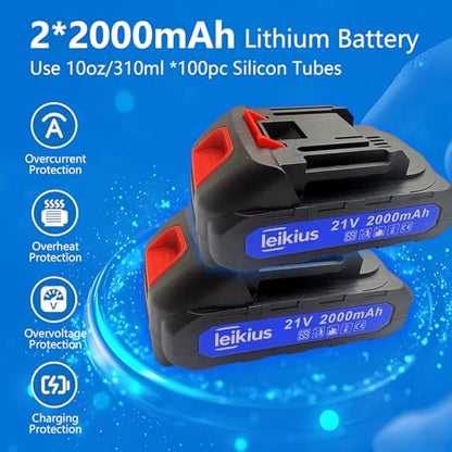 Electric Caulk Gun with LED Light, 6 Speed Adjustment for Kitchen Bathroom Filling, Sealing,Cordless Caulking Gun with 2x 2000mAh Batteries,Charger, Caulk Finish Tools,Nozzle and Knife