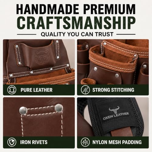 leather tool belt with 21 Pocket Tool Pouches | brown - color: Brown