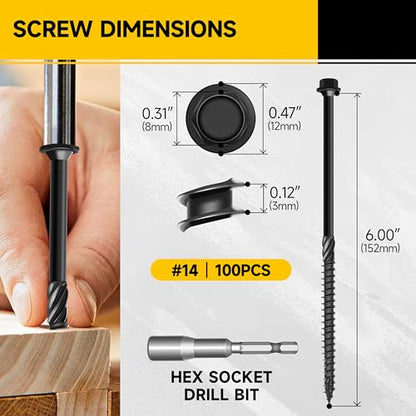 100Pcs 6 Inch Wood Screws, #14 x 6 Heavy Duty Outdoor Wood Screws Assortment Kit Deck Screws, Long Screws Black Timber Screws Lag Bolts, Hex Socket Head Log Landscaping Black Screws By Mywish - size: #14 x 6"