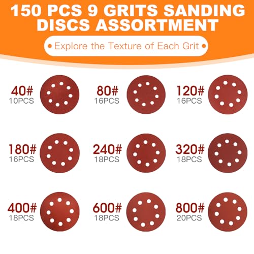 150 PCS 5 Inch Sanding Discs, 9 Grits Premium Orbital Sander Pads