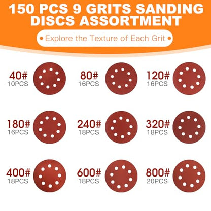 150 PCS 5 Inch Sanding Discs, 9 Grits Premium Orbital Sander Pads