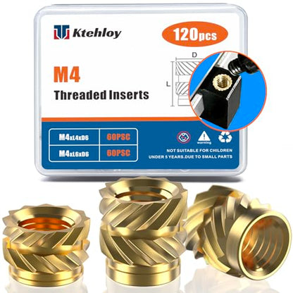 120Pcs M4 Threaded Inserts, M4 Female Thread Metric Knurled Nuts Assortment Kit, Brass Heat Set Insert for Plastic and 3D Printing Components (M4x4x6, M4x6x6)