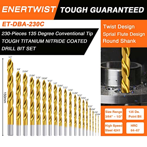 ENERTWIST 230 PCS Titanium Drill Bit Kit Set, Conventional 135° Tip - style: 230PCS(135°)