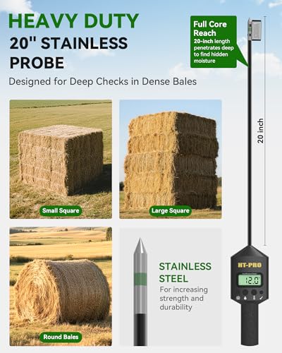 Hay Moisture Tester with 20" Reinforced Probe, Digital Hay Moisture Meter with Temperature Reading for Alfalfa, Hay Bales, Square and Round Bales, Carry Bag Included,Black
