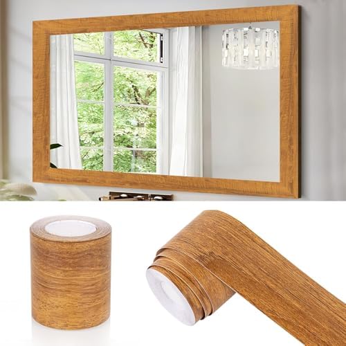 Brown Wood Grain Mirror Frame Border Peel and Stick Wallpaper, Self Adhesive Removable Waterproof Wallpaper for Bathroom Decor, Peel and Stick Mirror Tape Border Kitchen Decor 1.96" x 590" - color: Brown Wooden, size: 2" x 590"