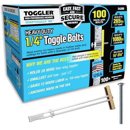 TOGGLER SNAPTOGGLE Drywall Anchors with 1/4-20 x 2.5 in Bolts, 100 Pack - size: 100 Pack w/ Bolts
