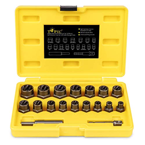 Topec Stripped Bolt Extractor Kit, 18-Piece Bolt Extractor Socket Set, 3/8" Drive Rounded Nut Remover Set for Broken, Rusted Fasteners - size: 18-piece
