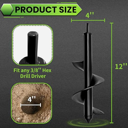 Auger Drill Bit for Planting - 4"X12" Heavy-Duty Garden Auger Spiral Drill Bit - Bulb Planter Tool & Post Hole Digger - 3/8" Hex Drive Drill - size: 4"x12"(Black)