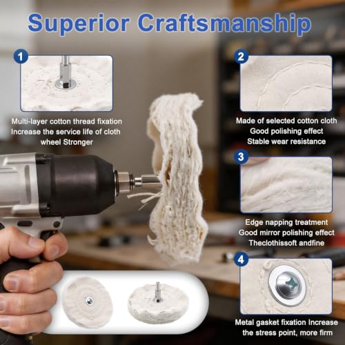 Tnisesm 12Pcs Polishing Pad Buffing Wheel Kit for Metal Aluminum Stainless Steel Chrome Wood Plastic Ceramic Glass Woods Fabric Cotton Machine Jewelry etc - color: white-12PCS