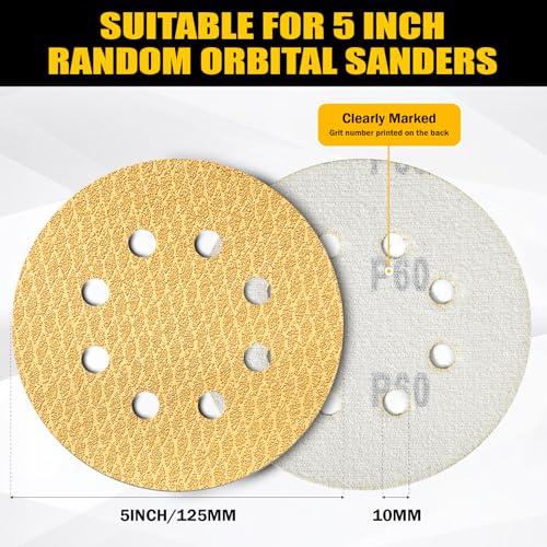 130Pcs 5 Inch 8-Hole Hook&Loop Sanding Discs, 600 Grit Diamond Yellow Sand, Dust-Free/Wear-Resistant, Latex Paper Base (No Fray), 135G Backing for Wood/Metal/Auto, DIY & Pros - style: 5inch-8Hole