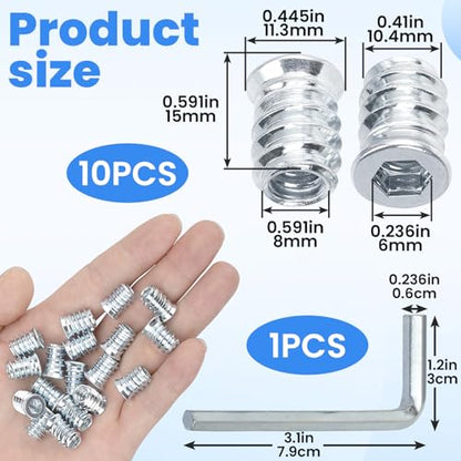 OIIKI 10 Pack Threaded Inserts, 1/4"-20 x 15mm Screw in Nut Threaded Wood Inserts, for Wood Furniture(with 1/4" Allen Wrench) - color: 10 pack, silver
