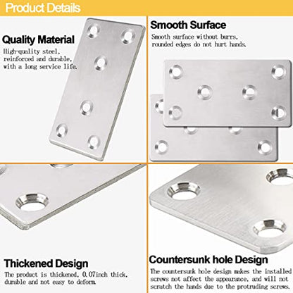 20 Pcs Silver Flat Bracket 4 x 2 Inch Stainless Steel Wood Joining Plates Mending Plate Flat Bracket with Screws, Steel Metal Straight Brace for Wood Furniture Cabinet Shelves - size: 100MM-Silver