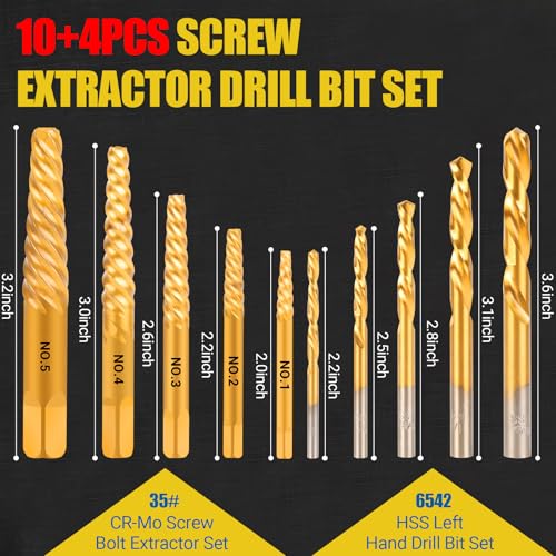 14PCS Easy Out Screw Extractor Set and Left-Hand Drill Bit Set - size: 14 Pieces