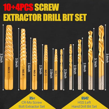 14PCS Easy Out Screw Extractor Set and Left-Hand Drill Bit Set - size: 14 Pieces