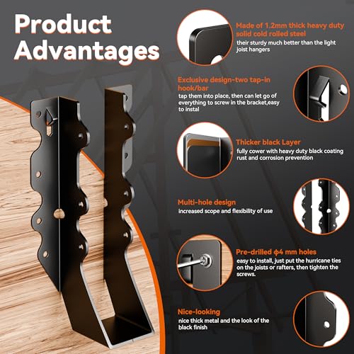 50 Pcs Black Joist Hangers 2x8, 18 Gauge Rafter Brackets , Hurricane Straps for 2x8 Face Mount Joist Hangers for Shed/Barn/Coop/Porch/Truss/Decks, Structurally Sound and Aesthetically Pleasing - size: 50 Pcs 2x8, style: Black Joist Hanger