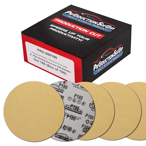 ProductionShop Premium 180 Grit 6" PSA Gold Sanding Discs, Box of 100 - Self Adhesive Stickyback Abrasive Sandpaper for DA & Random Orbital Sanders - Sand Auto Paint Metal, Wood Woodworking Furniture - style: 180 Grit