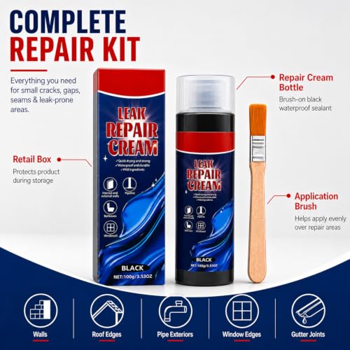 Leak Repair Cream with Brush, Black Waterproof Sealant for Cracks and Gaps