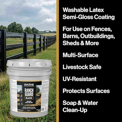EVOLVE Ranch Guard Black, 5 Gallon, Semi-Gloss Exterior Paint – UV-Resistant Barn & Fence Coating