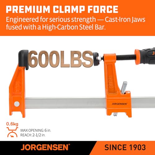 Jorgensen 6" Medium-Duty Steel Bar Clamp Set, 600 lbs Load Limit, 2-Pack - size: 6 Inch Medium Duty