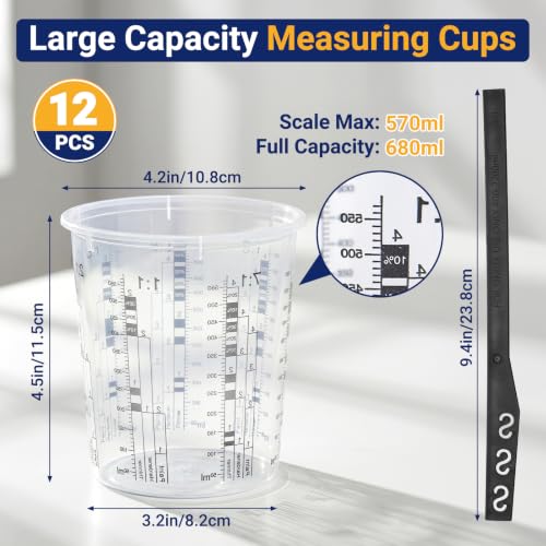 Gartful 12 Pack 19oz 570ml Clear Plastic Paint Mixing Cups with 12 Stir Sticks - Disposable Graduated Measuring Cups for Paint, Resin & Epoxy with ML Scale & 3-Column Ratios (1:1-7:1) for DIY Crafts - size: 19oz / 570ml