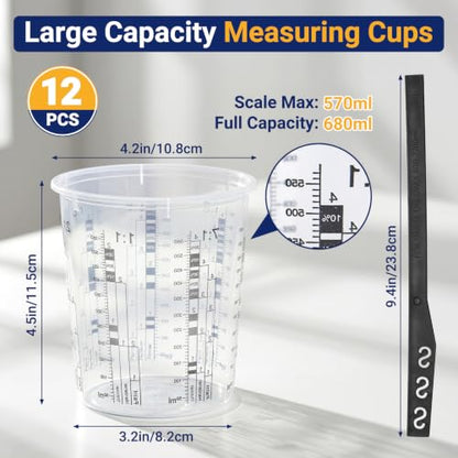 Gartful 12 Pack 19oz 570ml Clear Plastic Paint Mixing Cups with 12 Stir Sticks - Disposable Graduated Measuring Cups for Paint, Resin & Epoxy with ML Scale & 3-Column Ratios (1:1-7:1) for DIY Crafts - size: 19oz / 570ml