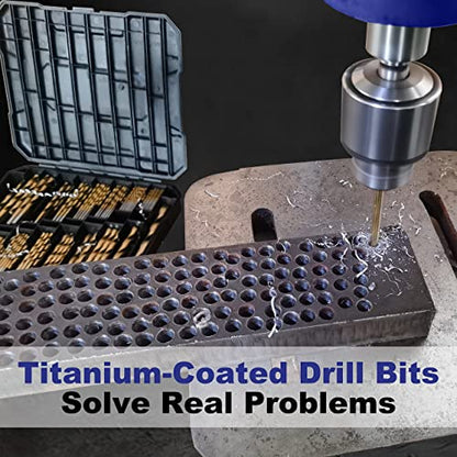 99 Pieces Titanium Twist Drill Bit Set, 135° Tip High Speed Steel, Size from 1/16" up to 3/8", Ideal Drilling in Wood/Cast Iron/Aluminum Alloy/Plastic/Fiberglass, with Hard Storage by HURRICANE - size: 99 Piece Twist Drill Bits Set 135°