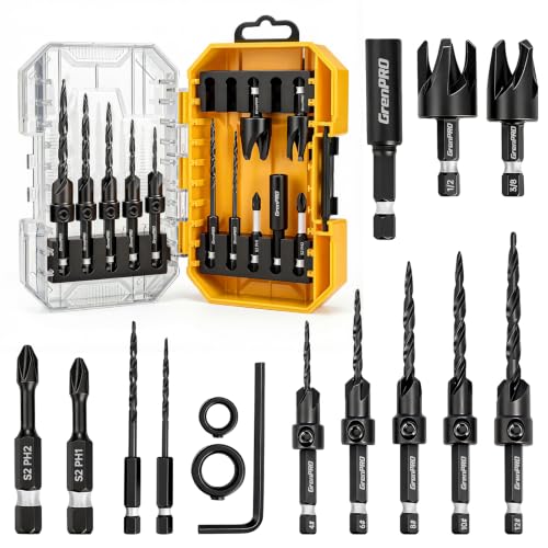 GRENPRO Countersink Drill Bit Set, 15PCS Tapered Bits with 2 Plug Cutters