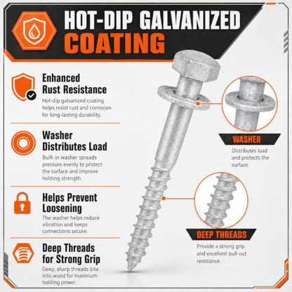 50 Pack 1/2''x6'' Lag Screw Kit with Washers, Hot Dipped Galvanized Hex Lag Bolts Heavy Duty Hex Head Wood Screws, Rust Resistant Exterior Fasteners for Wood Deck Fence - size: 1/2''x6''