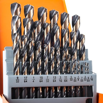 29Pcs Cobalt Drill Bit Set, 135 Degree Tip High Speed Steel with Black and Gold Finish, Stainless Steel, Plastic, and Wood with Metal Indexed Storage Case 1/16"-1/2" - size: 1/16"-1/2" (29pcs, Black Gold)
