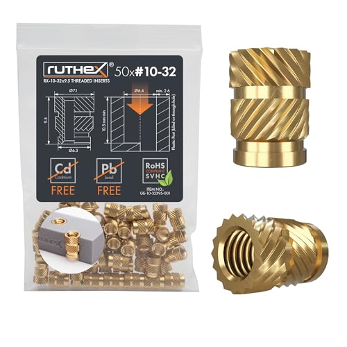 ruthex #10-32 Threaded Inserts - 50 Pieces RX-10-32x9.5 Brass Heat Set Insert for Plastic Parts - Inches knurled Nuts - Insert by Heat into 3D Printing Components - color: UNC Threaded Insert, size: #10-32 x9.5 (50pcs)