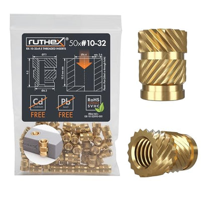 ruthex #10-32 Threaded Inserts - 50 Pieces RX-10-32x9.5 Brass Heat Set Insert for Plastic Parts - Inches knurled Nuts - Insert by Heat into 3D Printing Components - color: UNC Threaded Insert, size: #10-32 x9.5 (50pcs)