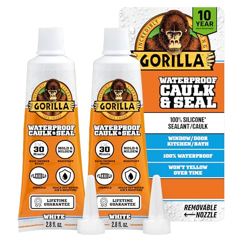 Gorilla 100% Silicone Caulk, Waterproof Sealant, 2.8oz Squeeze Tube, 2-Pack - color: White, size: 2 - Pack