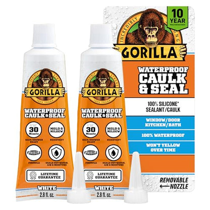 Gorilla 100% Silicone Caulk, Waterproof Sealant, 2.8oz Squeeze Tube, 2-Pack - color: White, size: 2 - Pack
