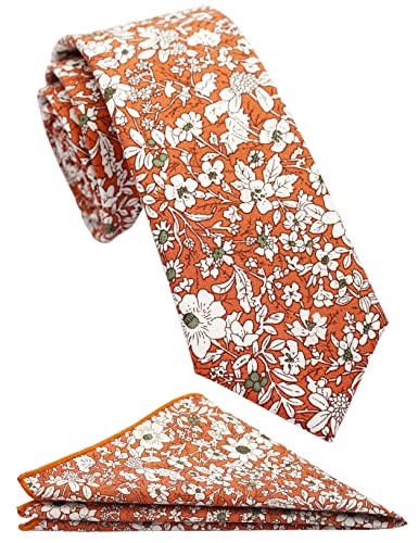 Cotton 2.5-Inch Skinny Floral Tie and Pocket Square Set for Men - color: Marigold Orange