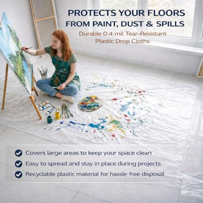 18 Pack Plastic Drop Cloths for Painting, 9 x 12 FT Clear Painters Plastic Sheeting, Disposable Drop Cloth for Floor, Furniture, Couch & Carpet Protection - color: 18 - Pack