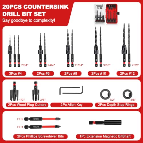 20PCS Countersink Drill Bit Set, Tapered Drill Bits Counter Sink Drill Bit