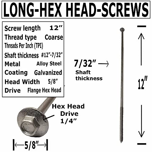 #12 x 12”- Extra Long Structural Lag Heavy Duty Construction Wood Screw – Galvanized Corrosion Resistant Coating Exterior Timber, Landscape - Flange Head – Qty (40)