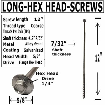 #12 x 12”- Extra Long Structural Lag Heavy Duty Construction Wood Screw – Galvanized Corrosion Resistant Coating Exterior Timber, Landscape - Flange Head – Qty (40)
