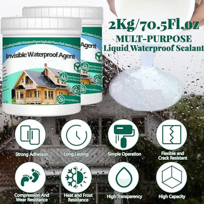 2Kg/70.5Fl.oz Invisible Waterproof Agent Indoor&Outdoor Waterproof Coating Set Transparent Liquid Sealant with Wooden Brush Resistant Work Gloves Putty Knife Cut Paint Roller - style: 2Kg/70.5Fl.oz