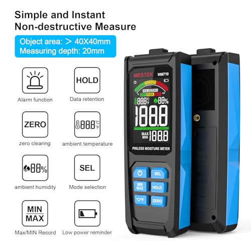 MESTEK Pinless Wood Moisture Meters for Drywall, Water Leak Detector, Wall Moisture Tester for Lumber Concrete Building, Wall Moisture Sensor Digital Humidity Tester for Firewood