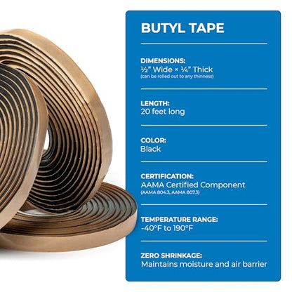 Second Skin Butyl Tape, 3 Roll (20ft x 1/2” x 1/4”), Black Sealant Tape - size: 3 Butyl Tape