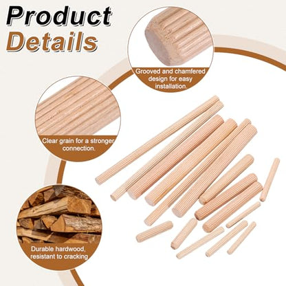 uxcell 250Pcs Wood Dowel Pins, 3/16" x 1 9/16" Wooden Dowel Rods Straight Grooved Pins with 10Pcs Solid Hollow Dowels Tenon Center Transfer Plugs for Furniture Woodworking DIY Project - size: 3/16" x 1 9/16"