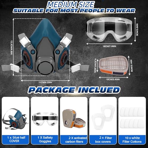 Half Facepiece with Goggle for Paint, Epoxy Resin, Spray Painting, Sanding, Woodworking, Welding Work Blue