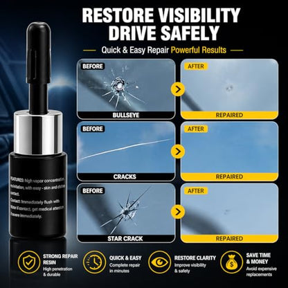 Windshield Repair Kit for quick DIY repair of small chips and cracks. Resin fills damage to improve clarity and reduce visibility. Suitable for bullseye, star, and minor damage. Easy home use