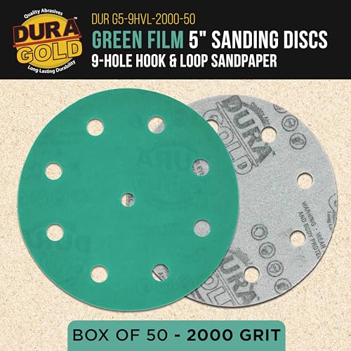 Dura-Gold 2000 Grit 5" Green Film Sanding Discs, 9-Hole Pattern, Box of 50 - style: 2000 Grit